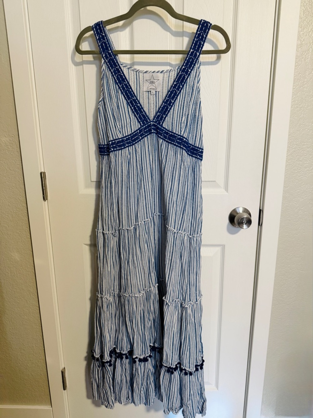 AREA Stars Blue White Striped Tiered Dress Size L Boho Summer Maxi Sundress - Picture 2 of 6